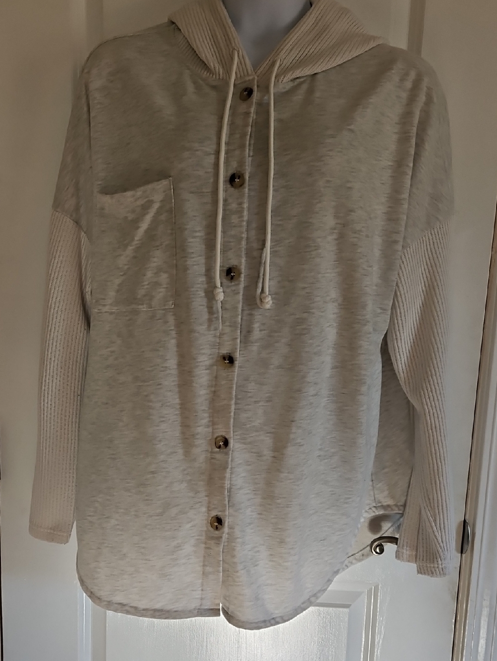 Women's Hooded Button-Up Sweater Shirt in Light Gray And White